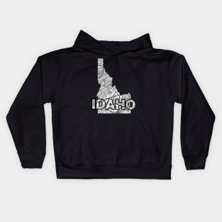 Mandala art map of Idaho with text in white Kids Hoodie